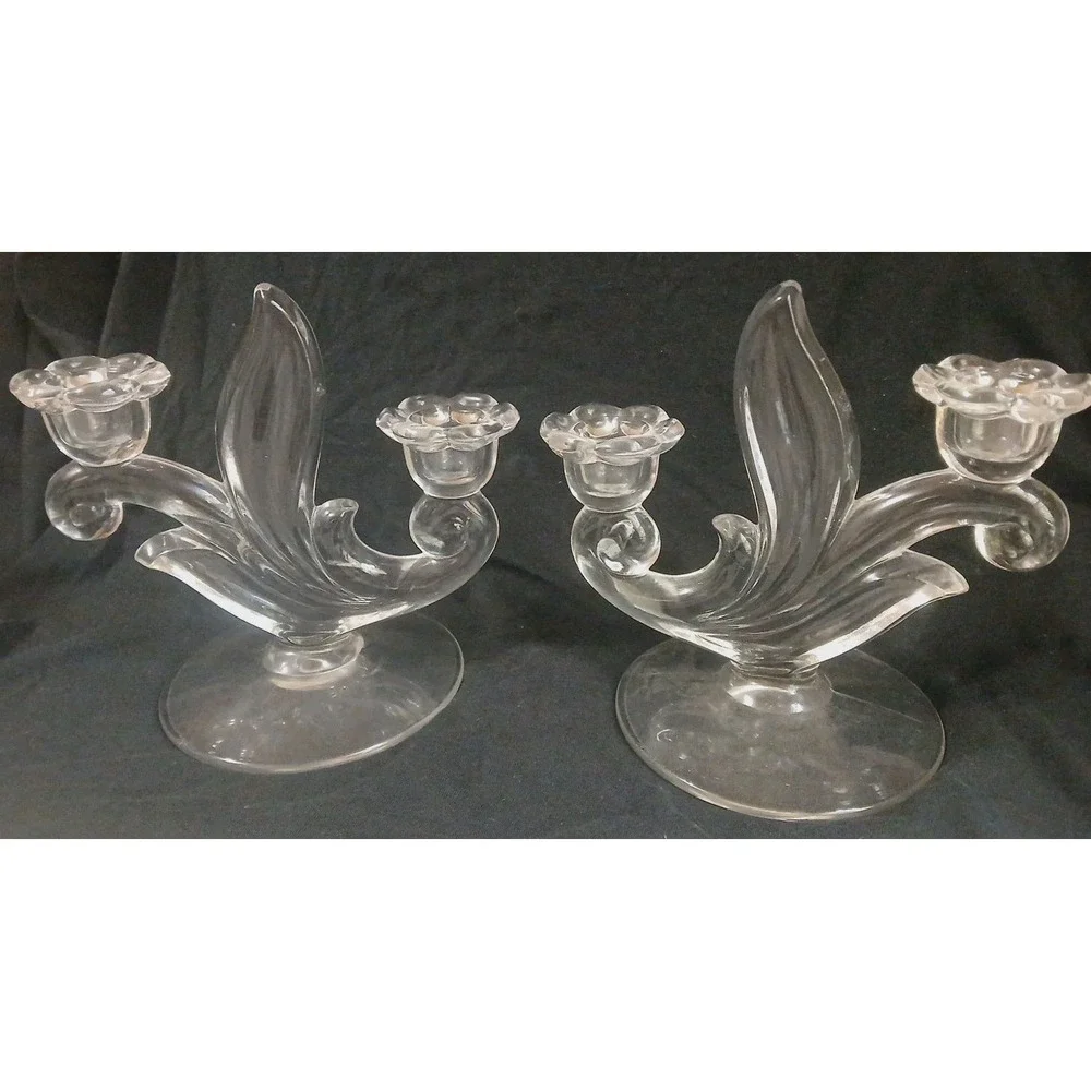 2 Glass Candleholders Double Candelabra Canterbury Style Floral Flame‎ Art Deco